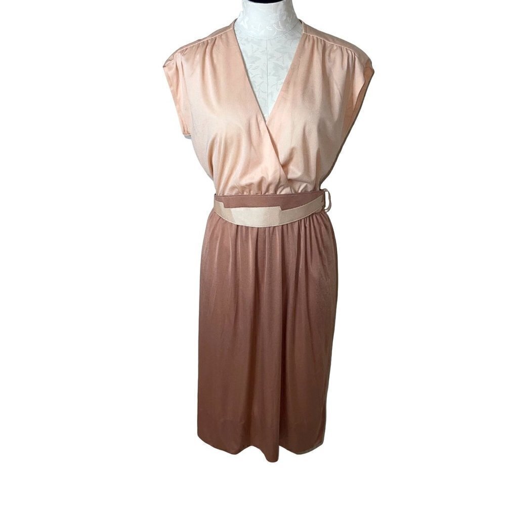 Leslie Fay Original Vintage Womens A Line Dress Size Medium Peach Tan Faux Wrap